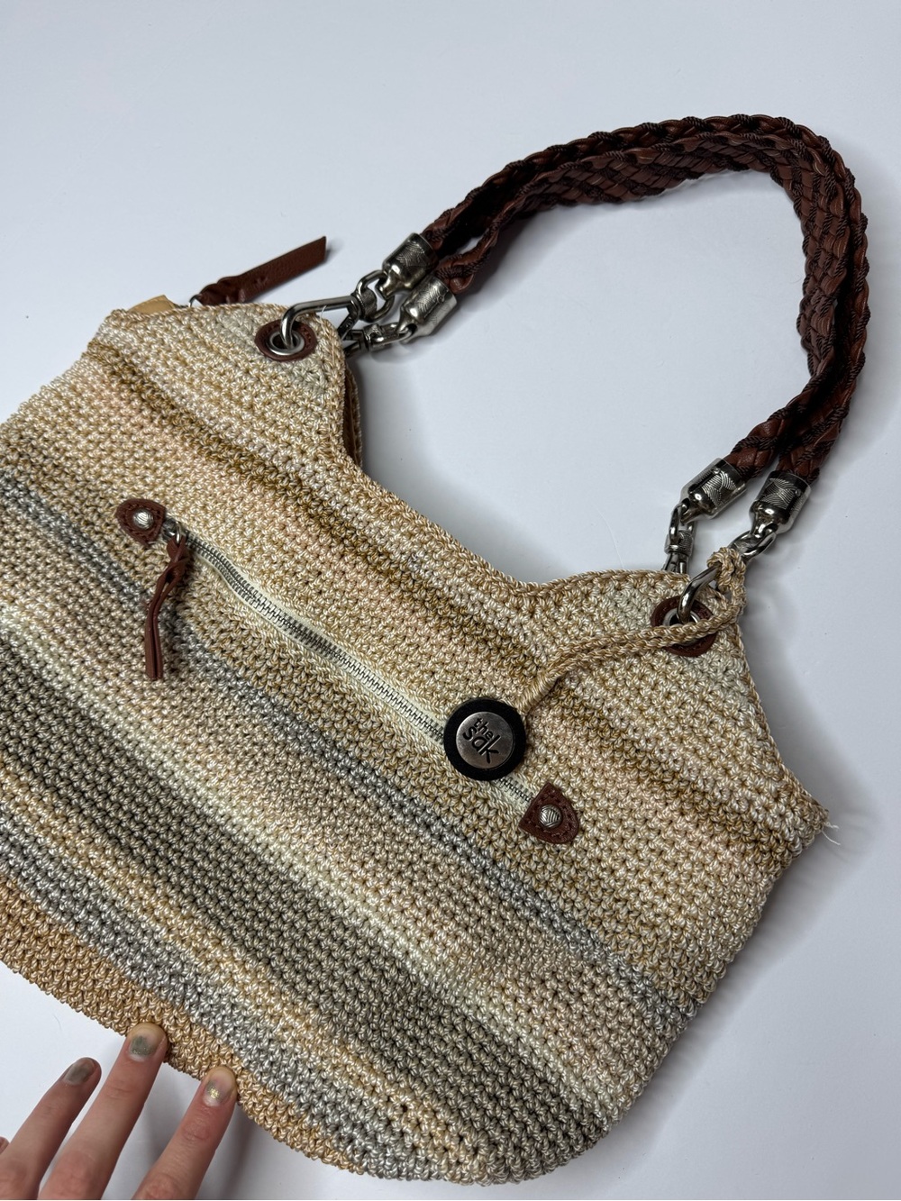 The Sak Indio Crochet Hobo Bag Neutral Stripe Knit Shoulder Purse - Picture 2 of 9